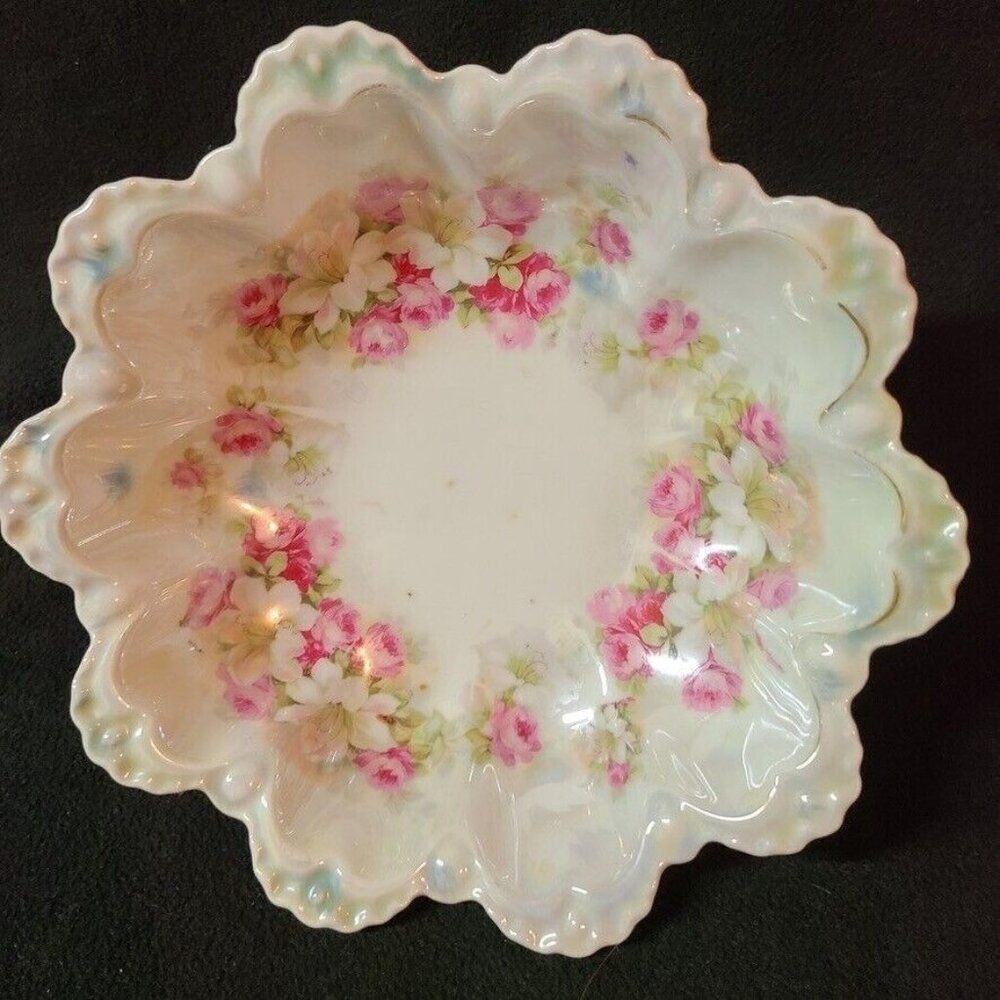 Vintage Salad Fruit Bowl Hand Painted Large Blue Faded Trim Pink Roses Scalloped